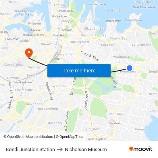 Bondi Junction Station to Nicholson Museum map