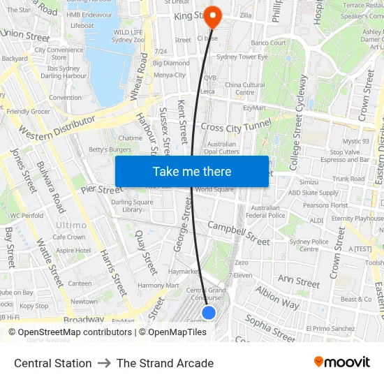Central Station to The Strand Arcade map