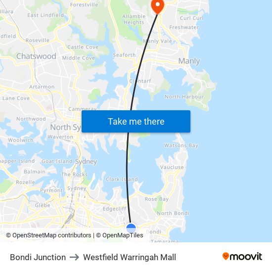 Bondi Junction to Westfield Warringah Mall map