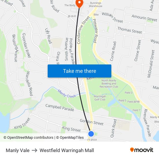 Manly Vale to Westfield Warringah Mall map