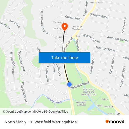 North Manly to Westfield Warringah Mall map