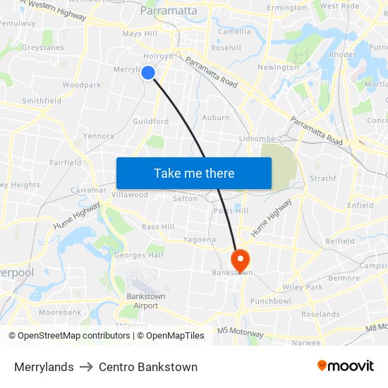 Merrylands to Centro Bankstown map