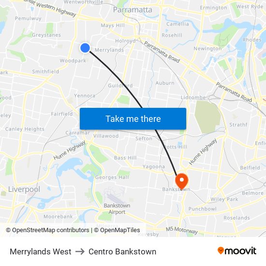 Merrylands West to Centro Bankstown map
