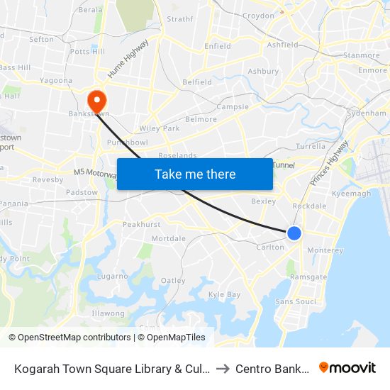 Kogarah Library to Centro Bankstown map