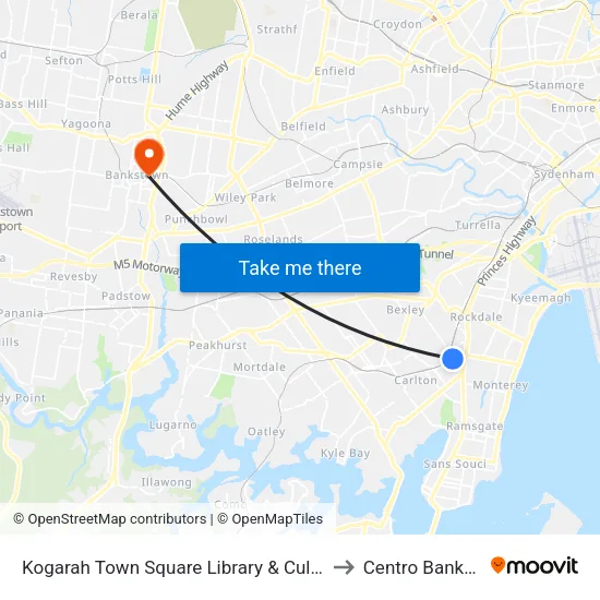 Kogarah Library to Centro Bankstown map