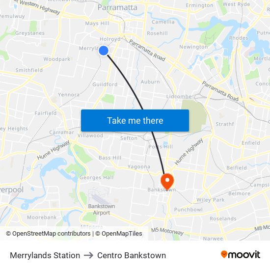 Merrylands Station to Centro Bankstown map