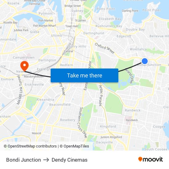 Bondi Junction to Dendy Cinemas map