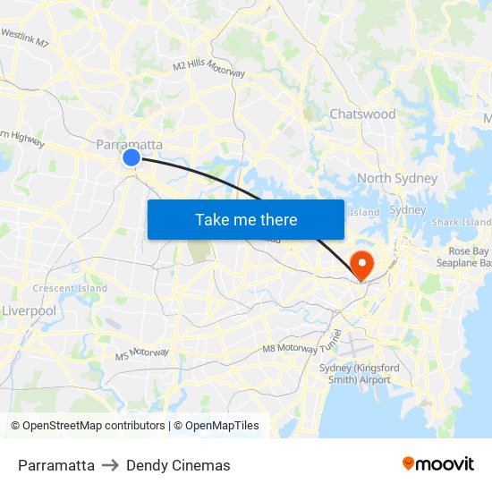 Parramatta to Dendy Cinemas map