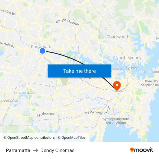 Parramatta to Dendy Cinemas map