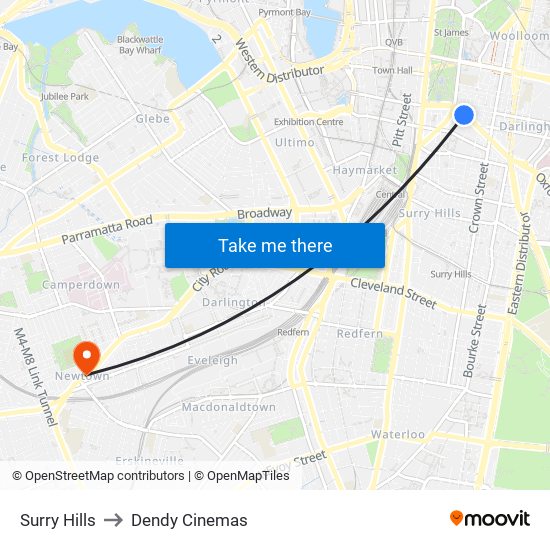 Surry Hills to Dendy Cinemas map