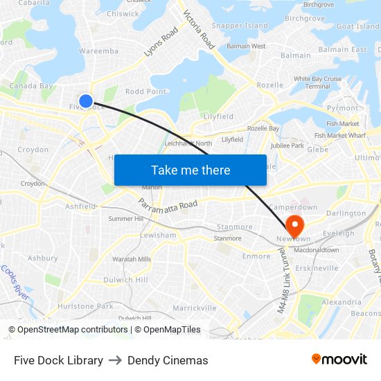Five Dock Library to Dendy Cinemas map