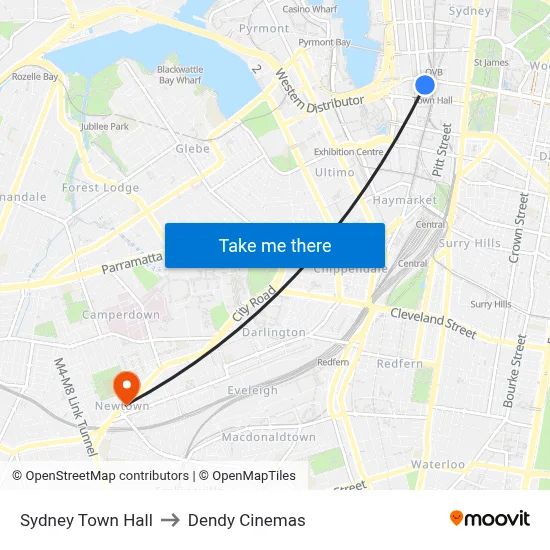 Sydney Town Hall to Dendy Cinemas map