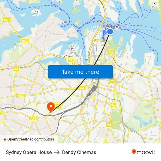Sydney Opera House to Dendy Cinemas map