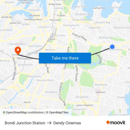 Bondi Junction Station to Dendy Cinemas map