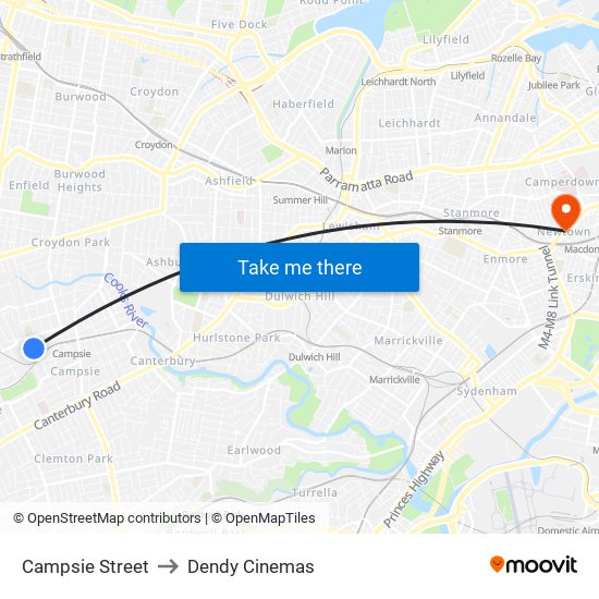 Campsie Street to Dendy Cinemas map