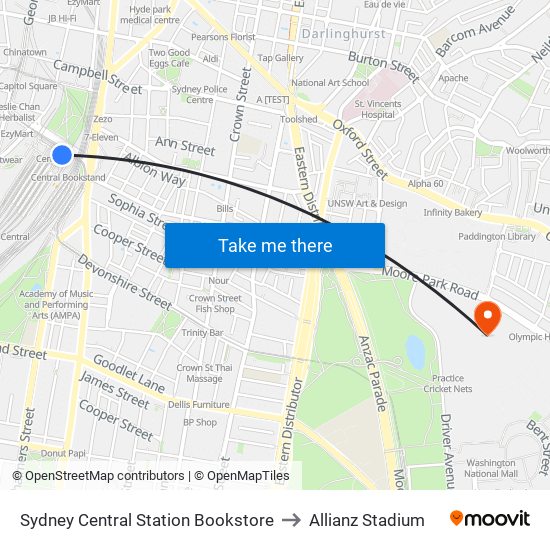 Sydney Central Station Bookstore to Allianz Stadium map