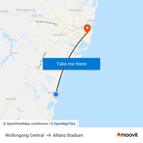 Wollongong Central to Allianz Stadium map