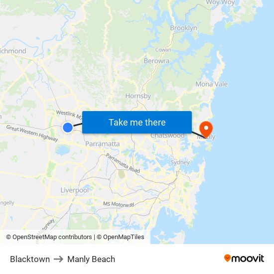 Blacktown to Manly Beach map