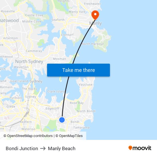 Bondi Junction to Manly Beach map