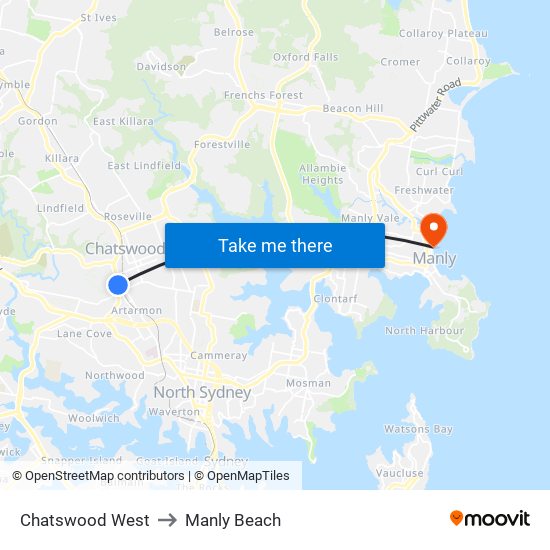 Chatswood West to Manly Beach map