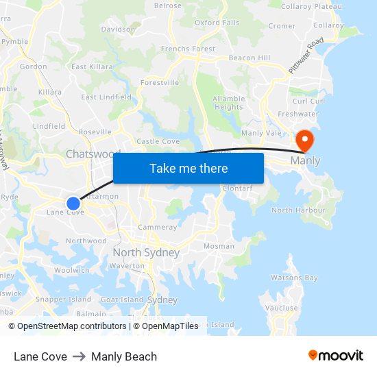 Lane Cove to Manly Beach map