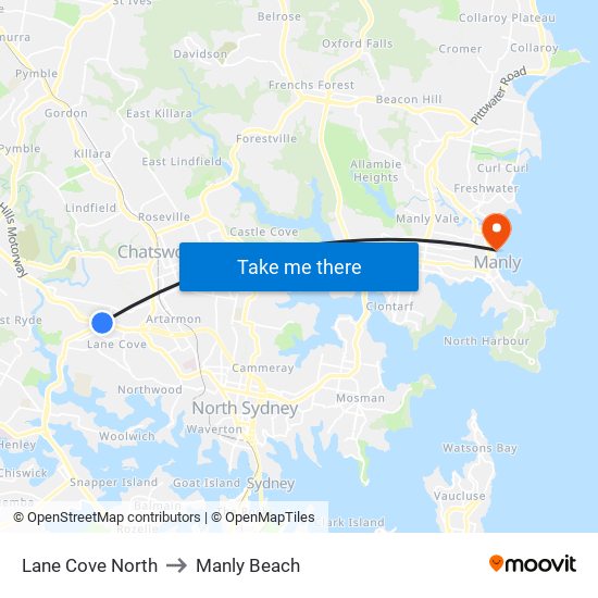 Lane Cove North to Manly Beach map