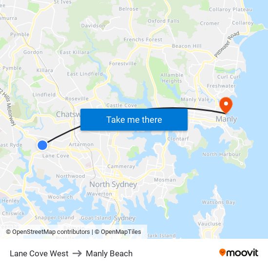 Lane Cove West to Manly Beach map