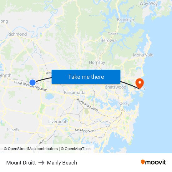 Mount Druitt to Manly Beach map
