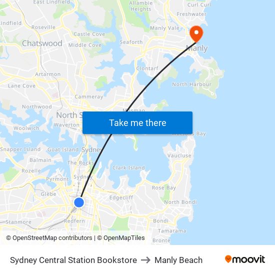 Sydney Central Station Bookstore to Manly Beach map