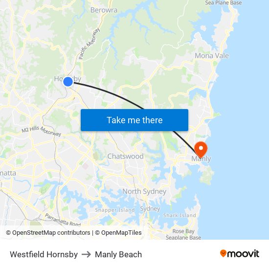 Westfield Hornsby to Manly Beach map
