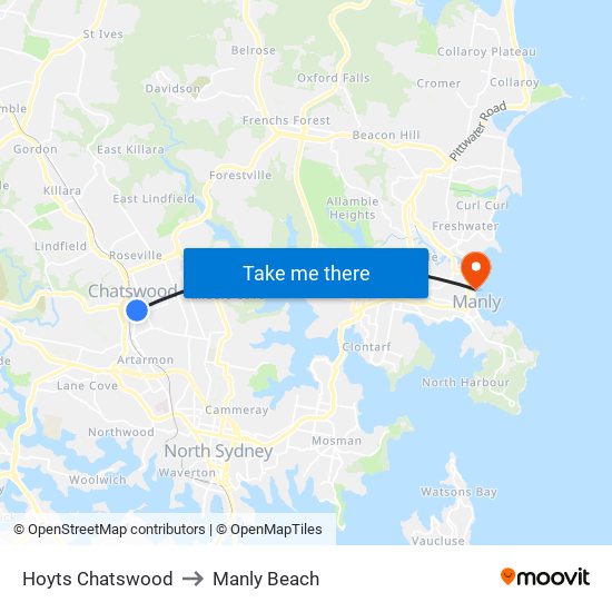 Hoyts Chatswood to Manly Beach map