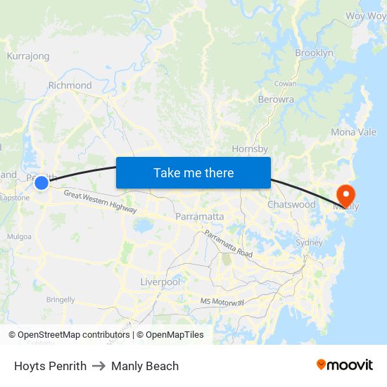 Hoyts Penrith to Manly Beach map