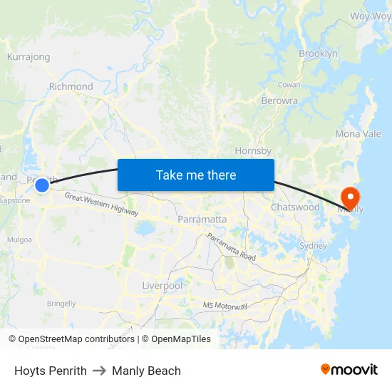 Hoyts Penrith to Manly Beach map