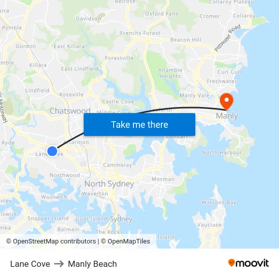 Lane Cove to Manly Beach map