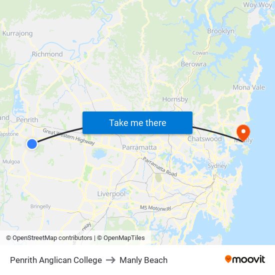 Penrith Anglican College to Manly Beach map