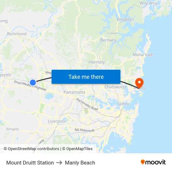Mount Druitt Station to Manly Beach map