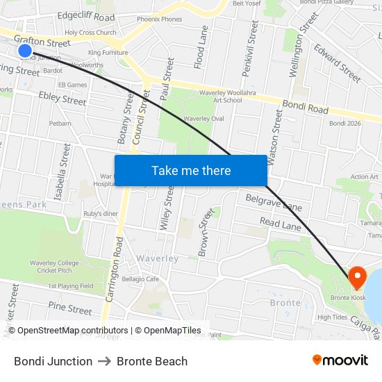 Bondi Junction to Bronte Beach map