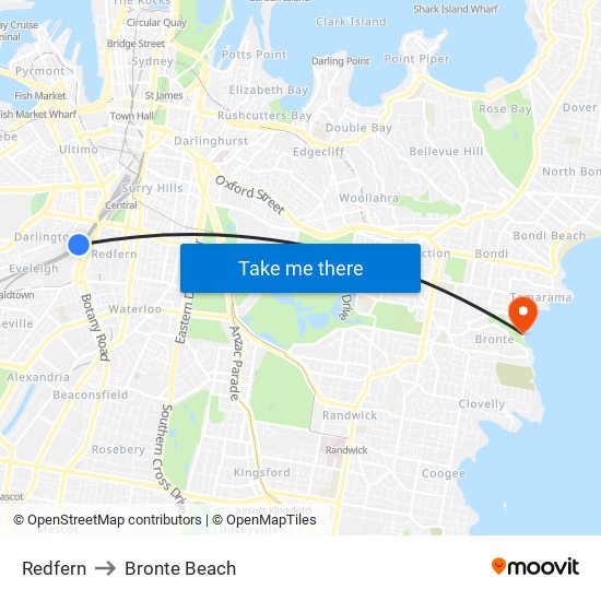Redfern to Bronte Beach map