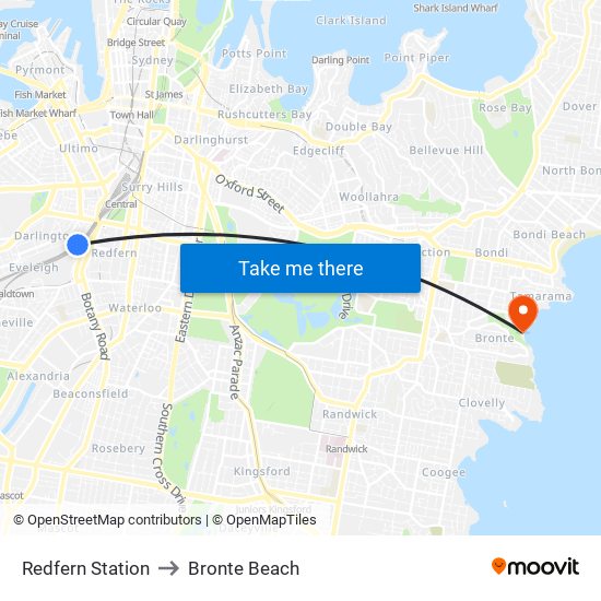 Redfern Station to Bronte Beach map