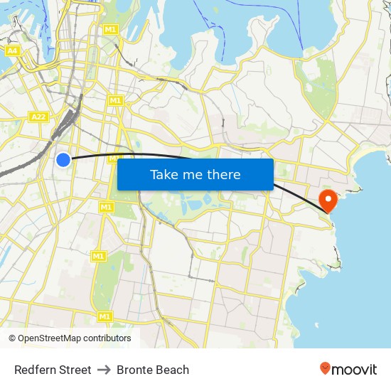 Redfern Street to Bronte Beach map