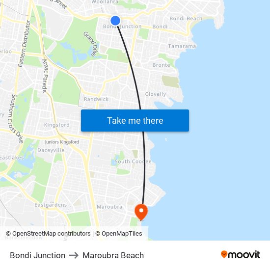 Bondi Junction to Maroubra Beach map