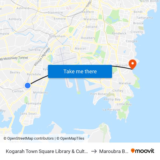 Kogarah Library to Maroubra Beach map