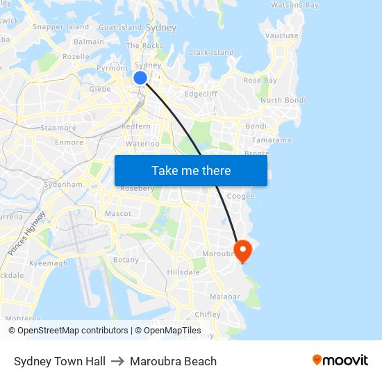 Sydney Town Hall to Maroubra Beach map