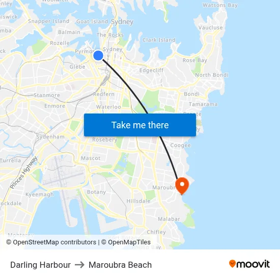 Darling Harbour to Maroubra Beach map