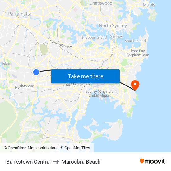 Bankstown Central to Maroubra Beach map