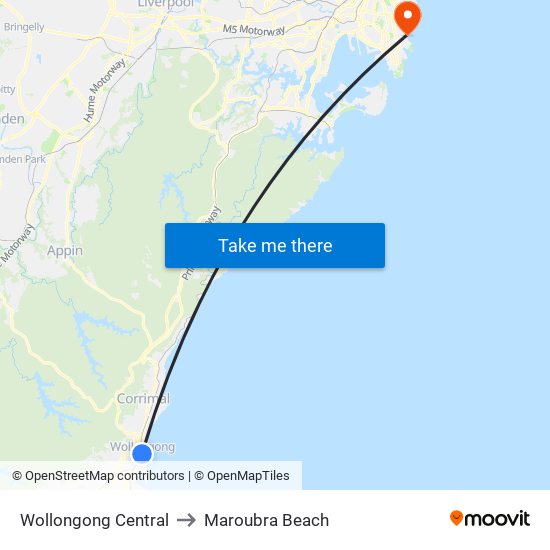 Wollongong Central to Maroubra Beach map