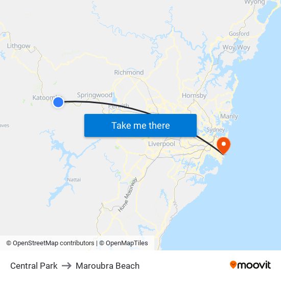 Central Park to Maroubra Beach map