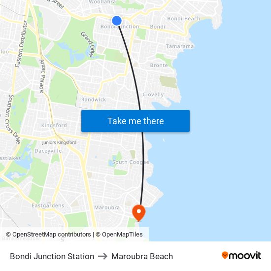 Bondi Junction Station to Maroubra Beach map