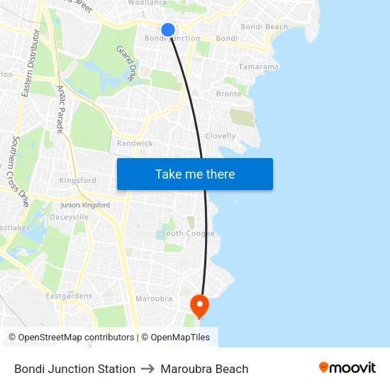 Bondi Junction Station to Maroubra Beach map