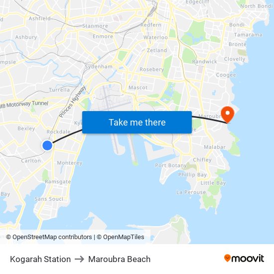 Kogarah Station to Maroubra Beach map